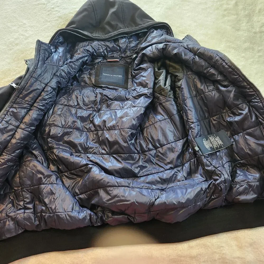 Tommy Hilfiger Men's M Black Hooded Double Layer Bomber Jacket Blue Lining